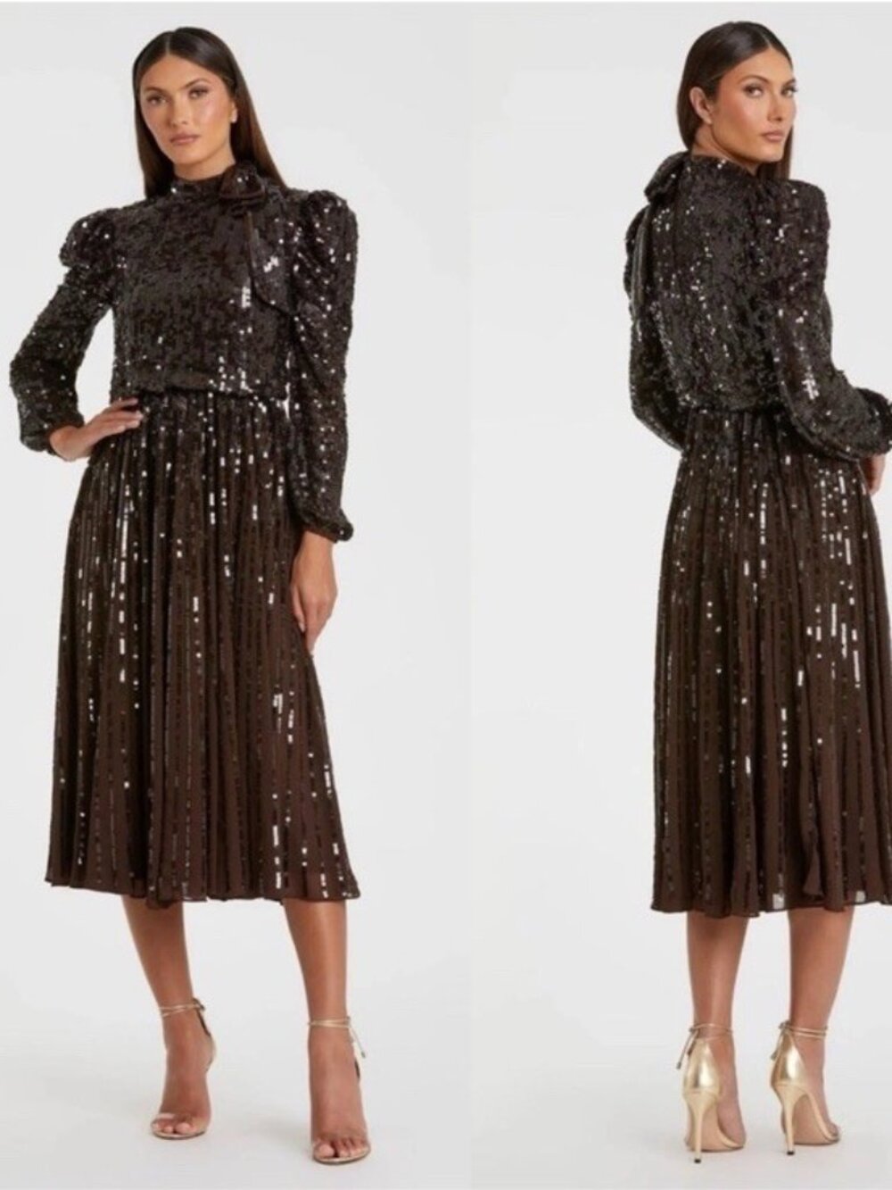 Mac Duggal Size 8 Brown 93642 Long Sleeve Sequin Tea Length Midi Cocktail Dress